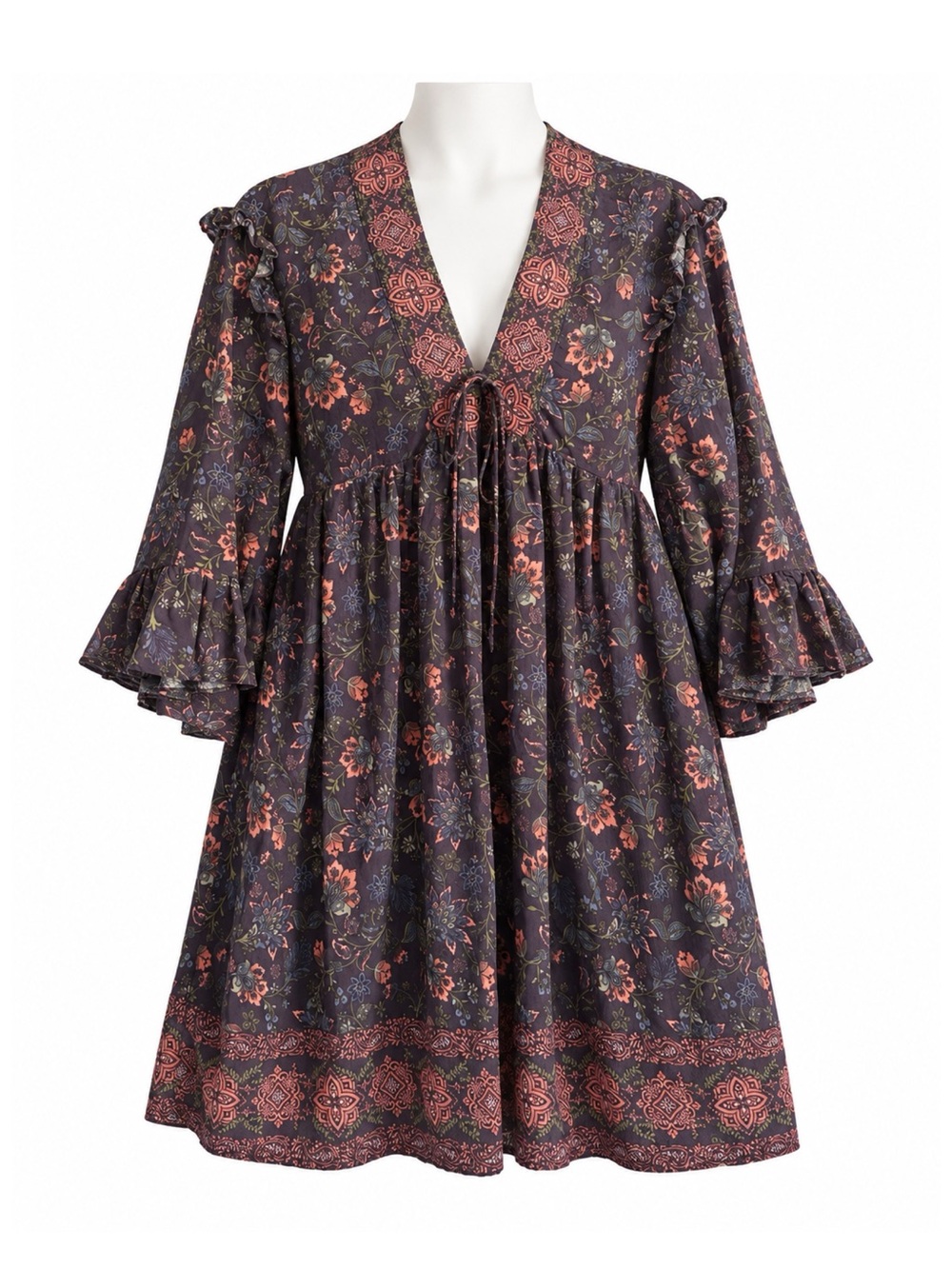 Size S Dress Forum Women’s Floral Border Print Ruffle Bell Sleeve Tie Mini Dress